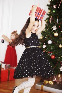 Christmas gold heart dress (from £12), glitter bow ballerina shoe (£6) & 1Pk party tights (£3.50)